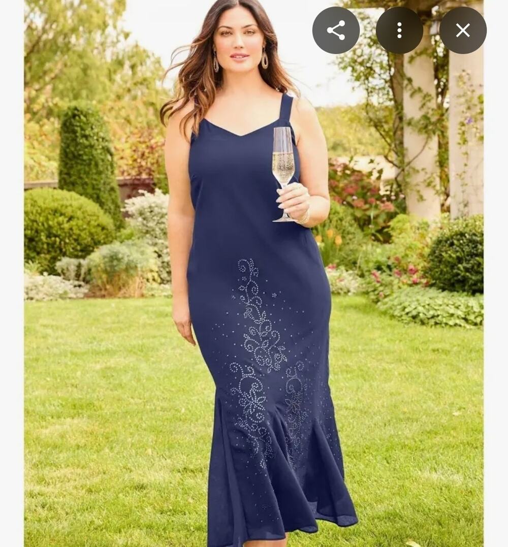 Catherines Women's 18W Blue Beaded Chiffon Maxi Dress Sleeveless Evening Formal